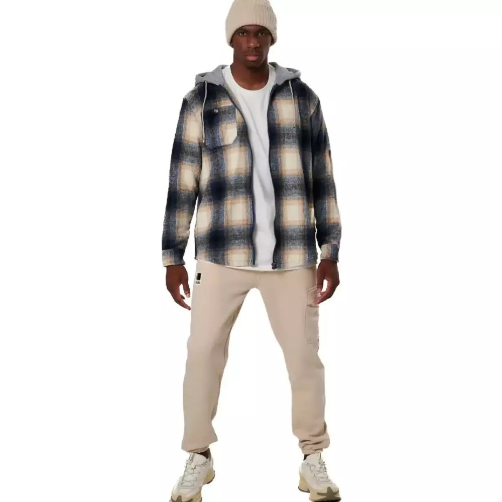 Ανδρικό Καρό Πουκάμισο με Κουκούλα και Φερμουάρ Body Action Men's Plain Hooded Flannel Shirt 073532-04B(Ecru Navy)