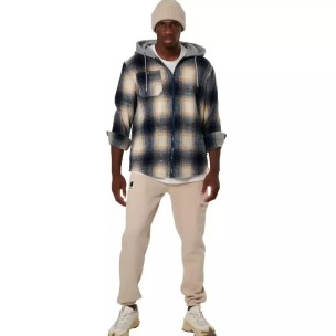 Ανδρικό Καρό Πουκάμισο με Κουκούλα και Φερμουάρ Body Action Men's Plain Hooded Flannel Shirt 073532-04B(Ecru Navy)