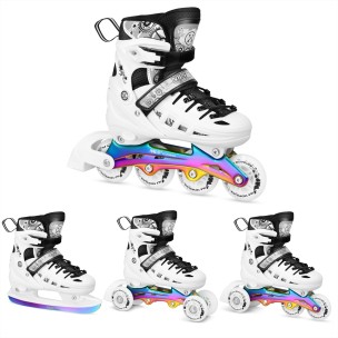 Αυξομειούμενα Πατίνια Roller NH10905 4 σε 1 Inline Skates Άσπρο Rainbow με Led Τροχούς Medium (Size 35-38)