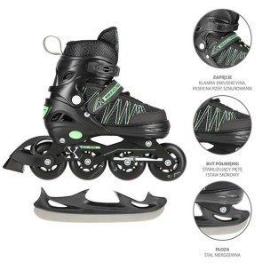 Αυξομειούμενα Πατίνια Rollers Nils Extreme In-Line Skates/Hockey Ice Skates 2 σε1 Μαύρο/Πράσινο NH11912 A  (Size 31-34)