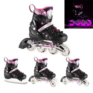 Αυξομειούμενα Roller Nils Extreme Σέτ 4 σε 1 Inline Skates NH 10905 Μαύρο/Ρόζ Led (Size 35-38)