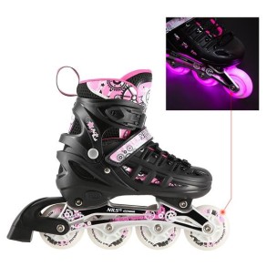 Αυξομειούμενα Roller Nils Extreme Σέτ 4 σε 1 Inline Skates NH 10905 Μαύρο/Ρόζ Led (Size 31-34)